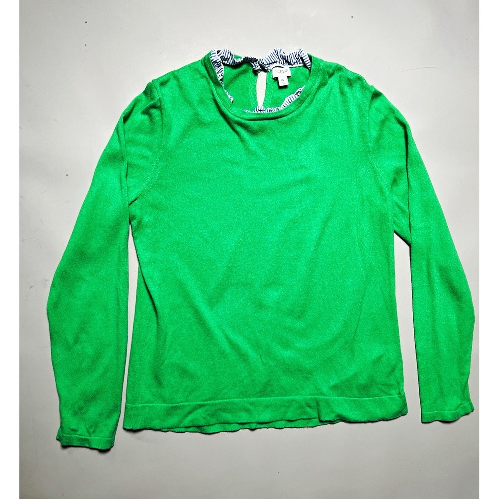 J.CREW Green Knit Crew Neck Lightweight Pullover‎ Sweater Ruffle Button XL